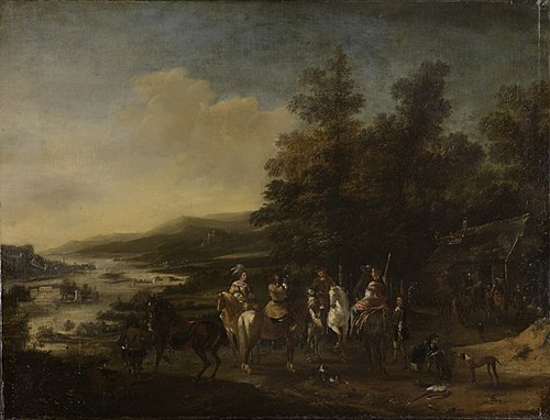 Hunting party on horseback with servants and dogs, 1661, Pieter Wouwerman