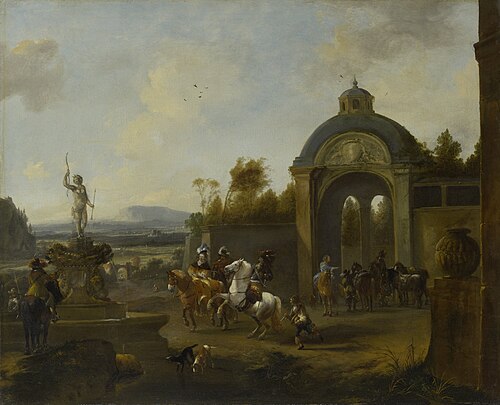 Hunting party at a fountain, 1671, Pieter Wouwerman