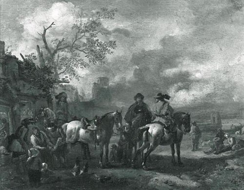 Landscape with horsemen at a blacksmith, 1658, Pieter Wouwerman