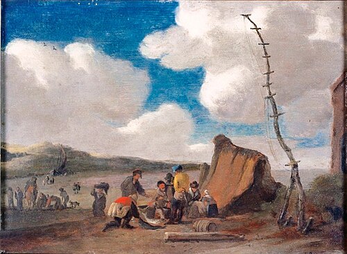 Strandgezicht met vissers rond een hut, 1627, Pieter Jacobsz. de Valck