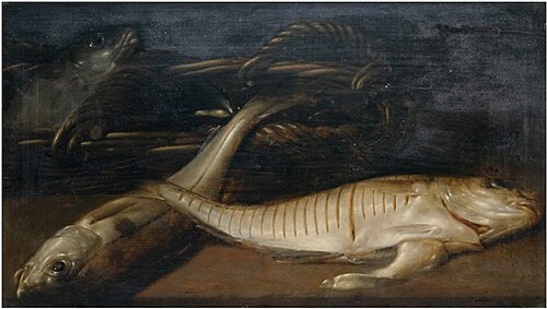 Fish and a basket of mussels on a table, , Pieter van Bronckhorst