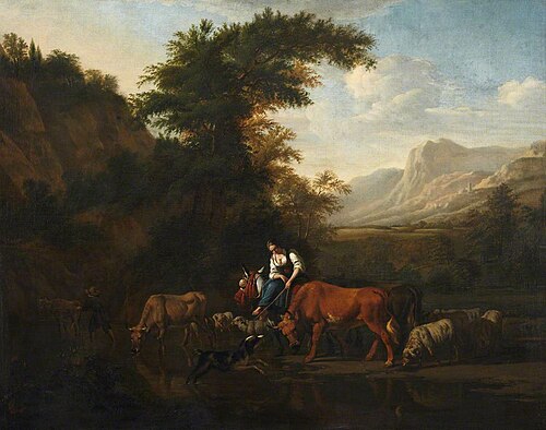 Landscape with Cattle and Figures, 1674, Pieter van der Leeuw