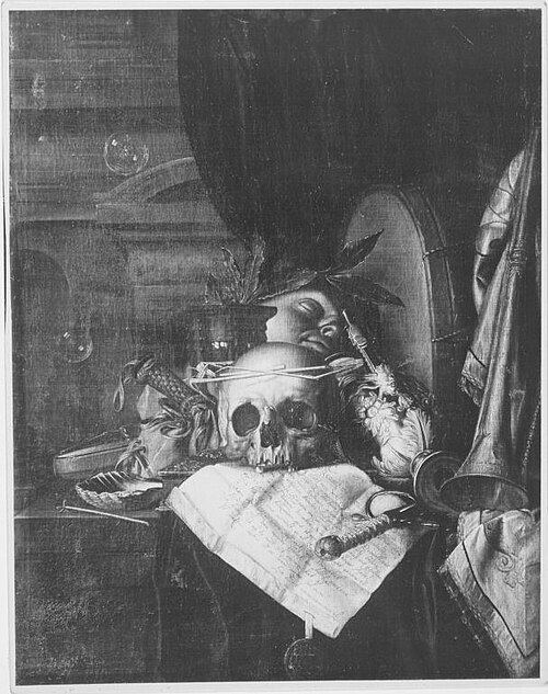 Vanitasstilleven met schedel, brief en muziekinstrumenten, 1664, Pieter van der Willigen
