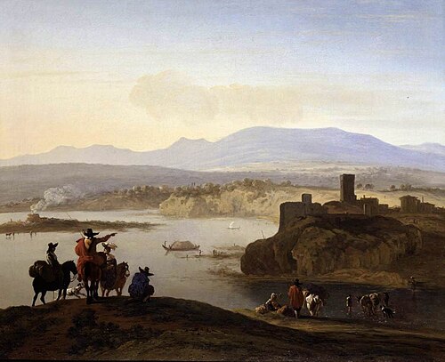Southern landscape with riders halting by a river, 1675-1678, 1677, Karel Dujardin