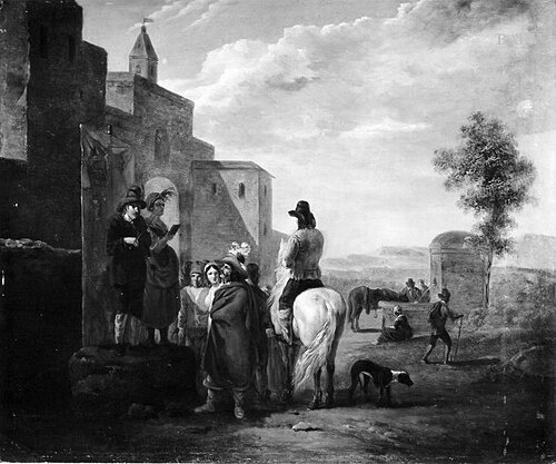 Bänkelsängerpaar und Zuhörergruppe mit Reiter, 1647, Karel Dujardin