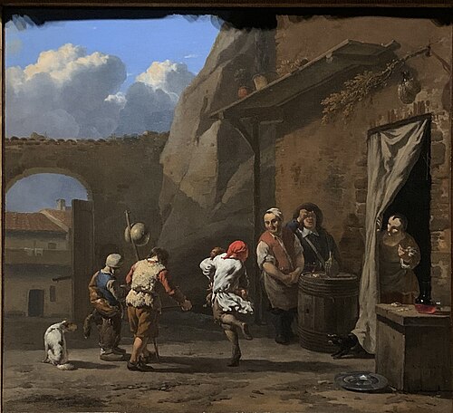 Jeunes danseurs devant une taverne, 1675, Karel Dujardin