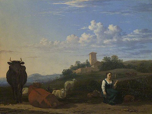 A Woman with Cattle and Sheep in an Italian Landscape, 1652, Karel Dujardin