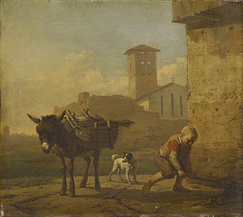 A Boy Loading an Ass in an Italian Village Street, 1662, Karel Dujardin