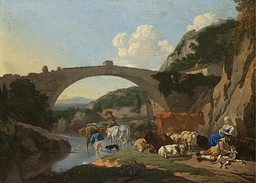 Italianate Landscape with Herders and Animals resting by a River under a Bridge, 1649, Karel Dujardin