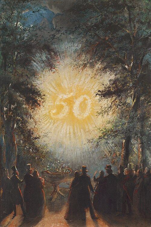1843, illuminatie ter gelegenheid van de gouden bruiloft van echtpaar Wurfbain-Hurrelbrinck op het b, 1843, Nicolaas Pieneman