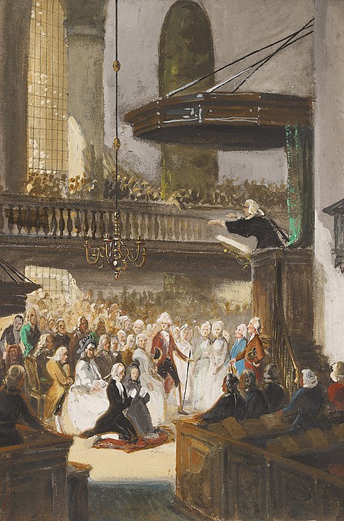 1793, huwelijksplechtigheid echtpaar Wurfbain-Hurrelbrinck in de Walenkerk te Amsterdam, 1843, Nicolaas Pieneman