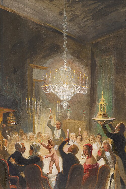 1818, zilveren bruiloft van echtpaar Wurfbain-Hurrelbrinck in logement De Zwaan op de Nieuwendijk, 1843, Nicolaas Pieneman