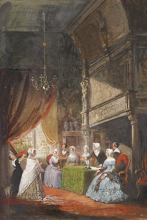 1814, entree van mevrouw Wurfbain-Hurrelbrinck als regentes in het Luthers Evangelisch Weeshuis, 1843, Nicolaas Pieneman