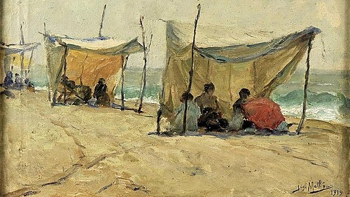 Beach with tents with figures, 1919, José Malhoa