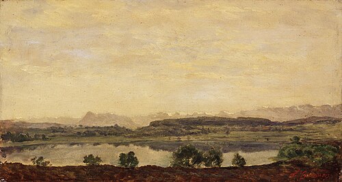 Vue d'un paysage montagneux et d'un lac, , Théodore Fourmois