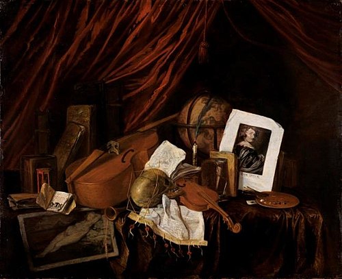 Vanitas stilleven met een beeltenis van Van Dyck, 1679, Jacques de Claeuw