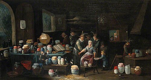 Operators Letting Blood from the Arm of a Woman in a Room Crowded with Pharmacy Jars, , Egbert van Heemskerk
