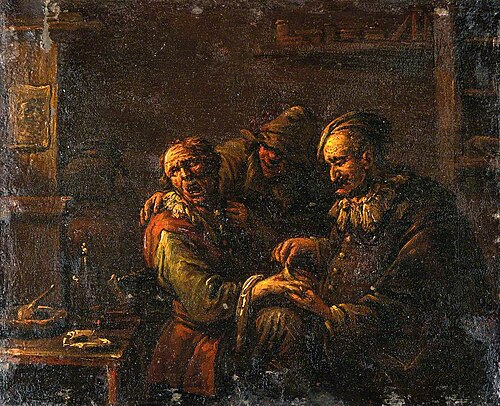 A Surgeon Removing a Plaster from the Back of a Man's Hand, , Egbert van Heemskerk