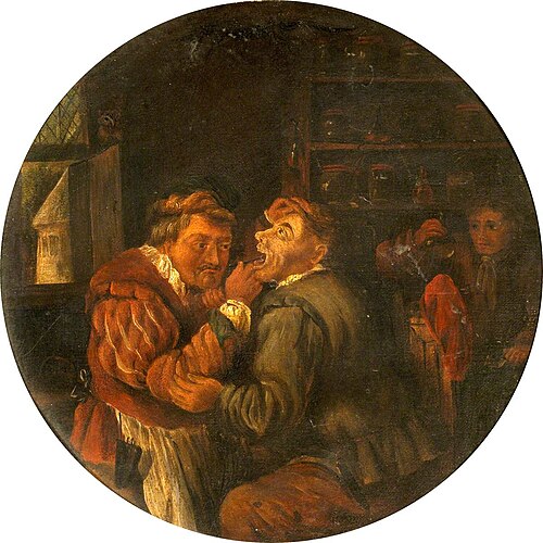 A Surgeon Attending to a Man's Tooth and a Man Examining a Urine Flask to the Right, , Egbert van Heemskerk