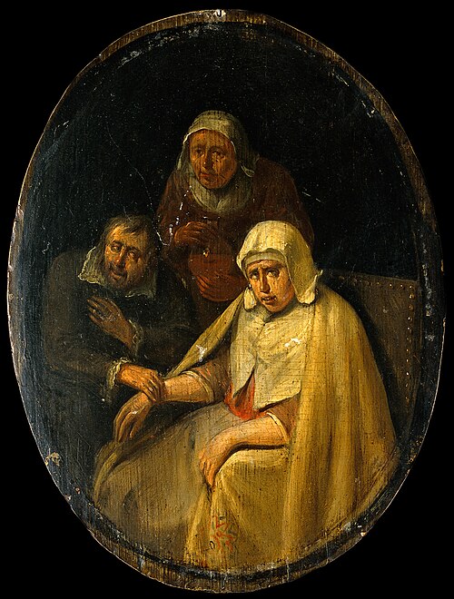 A man taking a woman's pulse., , Egbert van Heemskerk