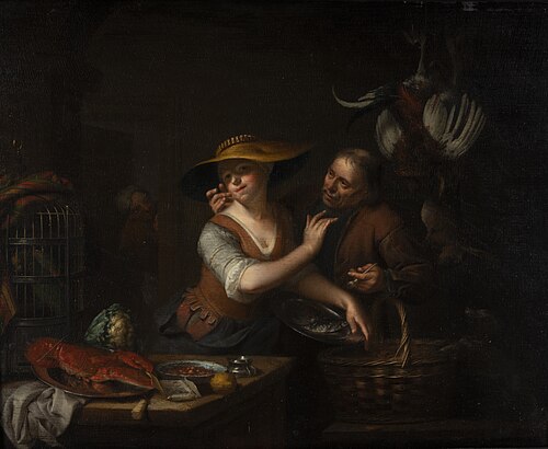 Old man trying to kiss a young woman, 1733, Adriaan van der Burg