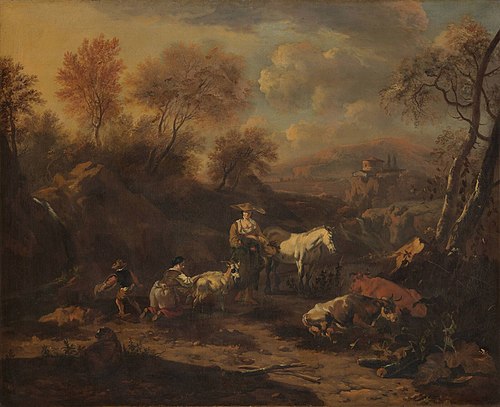 Italian landscape with two shepherdesses, 1680, Johannes van der Bent