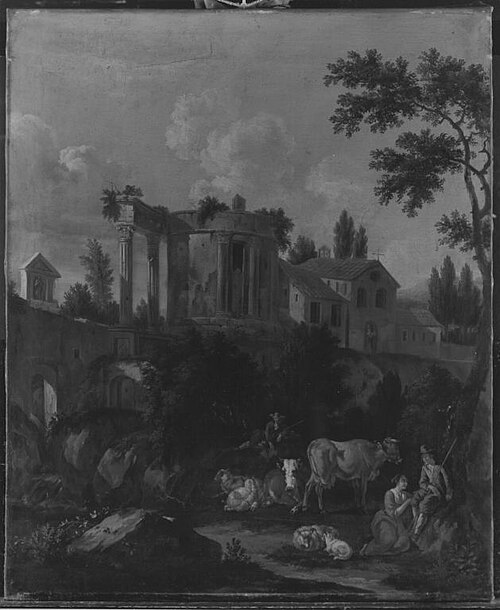 Italienische Landschaft mit Vieh und Hirten, antiker Ruine und Klosterkirche, 1670, Johannes van der Bent