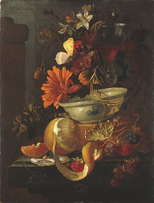 Still life with oysters, fruits, flowers, wineglass and porcelain bowl, 1689, Elias van den Broeck