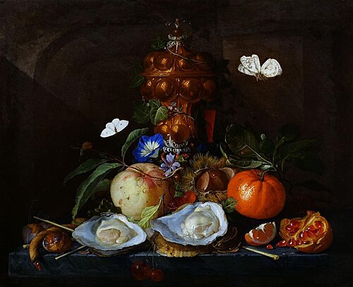Still Life with Oysters, Butterflies, various Fruits and a gilded Hanap, 1669, Elias van den Broeck