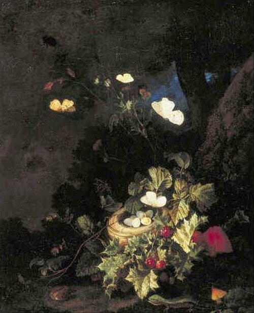 Bird's nest at the foot of a tree, 1700, Elias van den Broeck