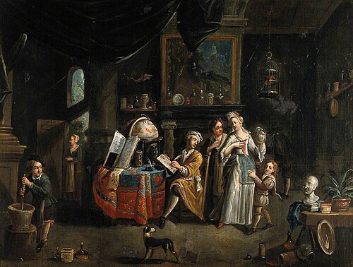 Interior with a Medical Practitioner, a Woman Holding a Flask, and Five Other People, , Balthasar van den Bossche