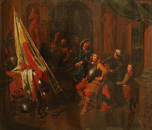 Soldiers and attendants in a palatial interior with arms and armour and standards, 1707, Balthasar van den Bossche