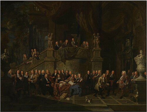 The reception of Jan Karel de Cordes at the guild hall, 1711, Balthasar van den Bossche