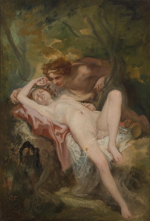 A nymph and a satyr in the woods, 1850, Octave Tassaert