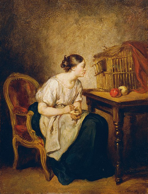 Junge Frau mit Vogelkäfig, 1850, Octave Tassaert