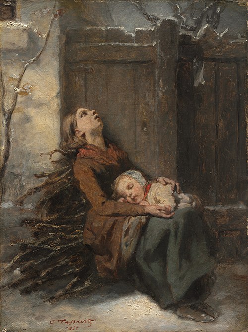 Destitute Dead Mother holding her sleeping Child in Winter, 1850, Octave Tassaert