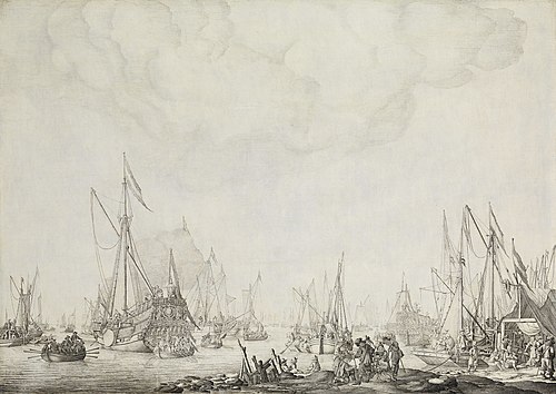The prince's yacht and the state yacht, presumably awaiting the arrival of Charles II of England nea, 1676, Willem Van de Velde l'Ancien
