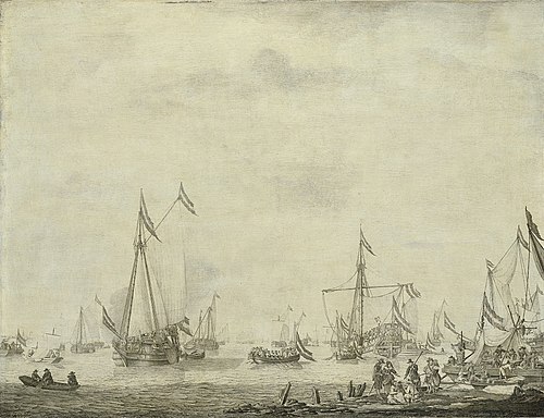 The prince's yacht and the sate yacht leaving Moerdijk with Charles II of England on board, 1660, 1676, Willem Van de Velde l'Ancien