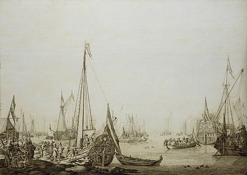 A Dutch Bezan Yacht and many other Vessels in a Crowded Harbour beside a Tavern, 1660, Willem Van de Velde l'Ancien