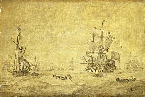 A Dutch two-decker and a galjoot lying-by with the fleet at sea, ca.1672, 1650, Willem Van de Velde l'Ancien