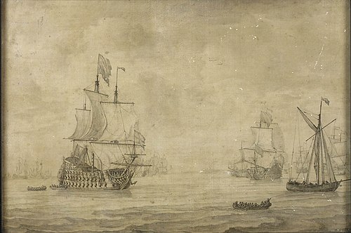 An English three-decker with the fleet in light airs, 1680, Willem Van de Velde l'Ancien