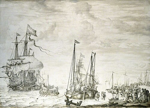 A Dutch flagship, thought to be the Eendracht at anchor close in, 1650, Willem Van de Velde l'Ancien