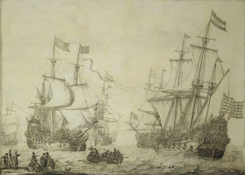 Two Dutch Merchant Ships Under Sail Near the Shore in a Moderate Breeze, 1660, Willem Van de Velde l'Ancien