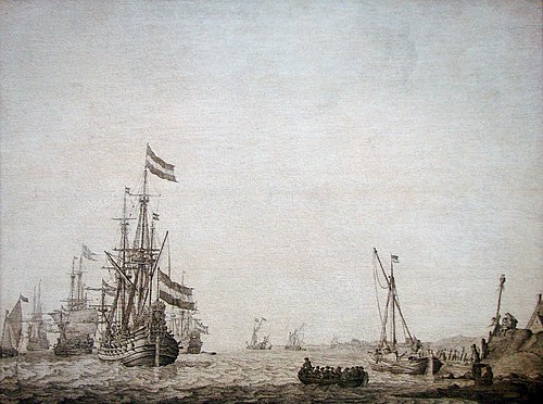 Marine. Un bateau hollandais à l'ancre près du rivage, 1700, Willem Van de Velde l'Ancien