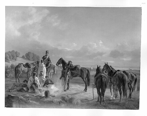Soldaten und Pferde am Lagerfeuer, 1847, Albrecht Adam