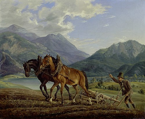 Gebirgslandschaft mit pflügendem Bauern, 1825, Albrecht Adam