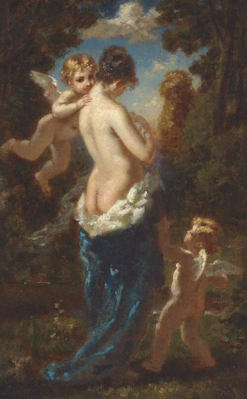 Jeune femme demi-nue, dos de trois-quarts entouré de deux amours, , Narcisse Díaz de la Peña