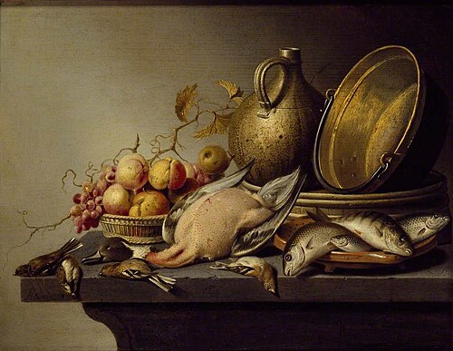 Still Life of Game, Fish, Fruit and Kitchen Utensils, 1646, Harmen Steenwijck