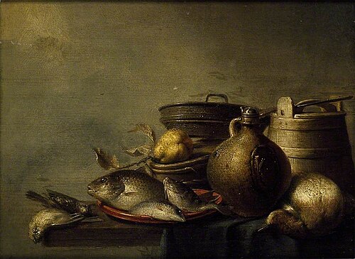 Still Life of Fish, a Pear, Game and Kitchen Utensils, , Harmen Steenwijck