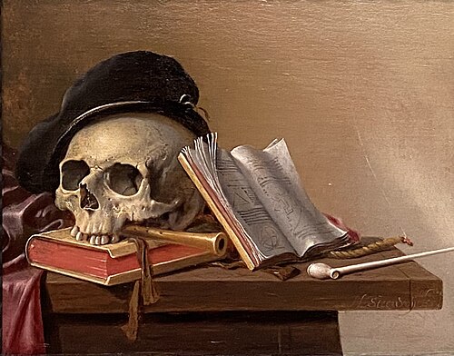 Nature morte au crâne, aux livres, à la flûte et à la pipe, 1700, Harmen Steenwijck